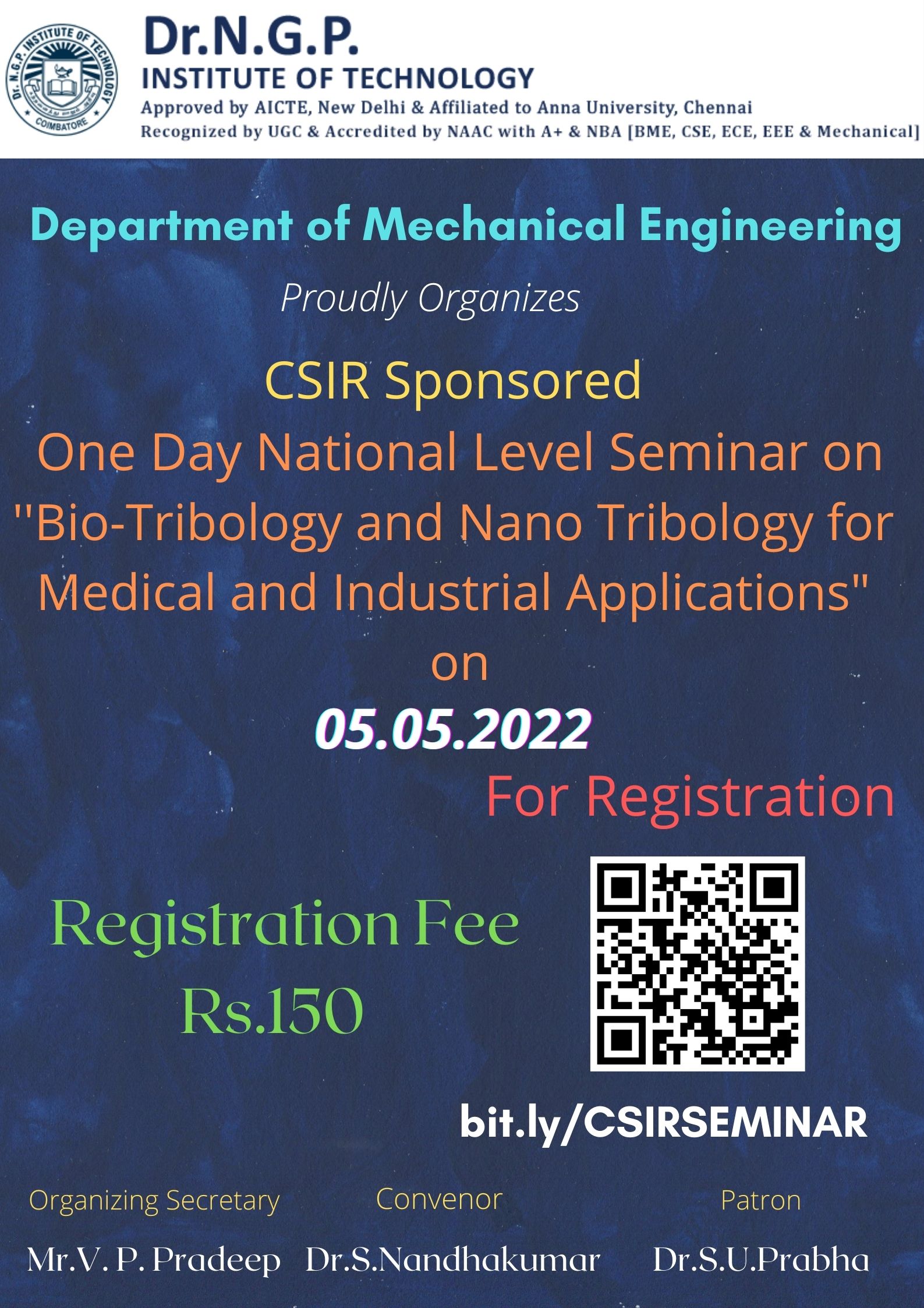 CSIR Sponsored One Day National Seminar on Bio-tribology and Nano Tribology for Medical and Industrial Applications 2022